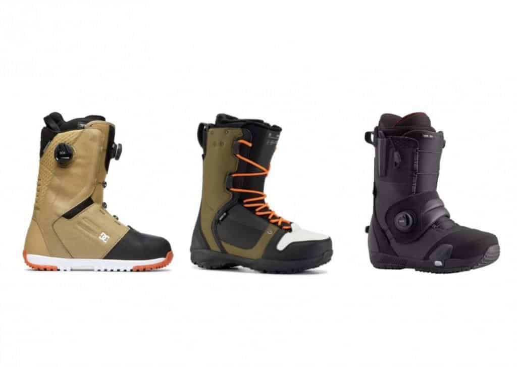 A selection of snowboard boots with different lacing systems