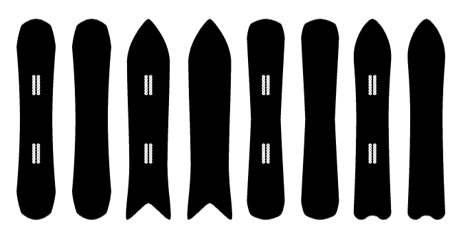 A selection of different snowboard shapes
